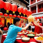 **Prompt:** A vibrant scene capturing Chinese New Year in Singapore. Focus on the "lohei" salad toss, with families joyfully throwing ingredients in the air amidst red lanterns and mandarin oranges. Emphasize the colors red and gold, with a background showcasing traditional Singaporean architecture. The atmosphere should be festive and family-oriented.