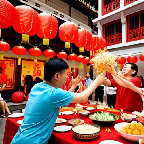 Home 11 **Prompt:** A vibrant scene capturing Chinese New Year in Singapore. Focus on the "lohei" salad toss, with families joyfully throwing ingredients in the air amidst red lanterns and mandarin oranges. Emphasize the colors red and gold, with a background showcasing traditional Singaporean architecture. The atmosphere should be festive and family-oriented.