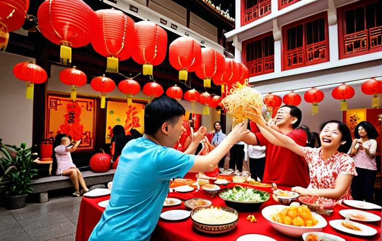 **Prompt:** A vibrant scene capturing Chinese New Year in Singapore. Focus on the "lohei" salad toss, with families joyfully throwing ingredients in the air amidst red lanterns and mandarin oranges. Emphasize the colors red and gold, with a background showcasing traditional Singaporean architecture. The atmosphere should be festive and family-oriented.