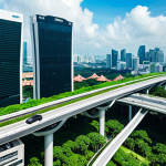 **A futuristic cityscape of Singapore, showcasing green roofs and vertical gardens on towering buildings. Electric vehicles are silently moving along elevated highways, and drones are monitoring air quality in real-time. The sky is clear and blue, symbolizing the success of Singapore's clean air initiatives.**