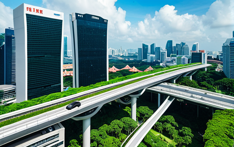 **A futuristic cityscape of Singapore, showcasing green roofs and vertical gardens on towering buildings. Electric vehicles are silently moving along elevated highways, and drones are monitoring air quality in real-time. The sky is clear and blue, symbolizing the success of Singapore's clean air initiatives.**